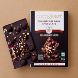 70% Intense Dark Chocolate || 30% Hazelnut & Pista