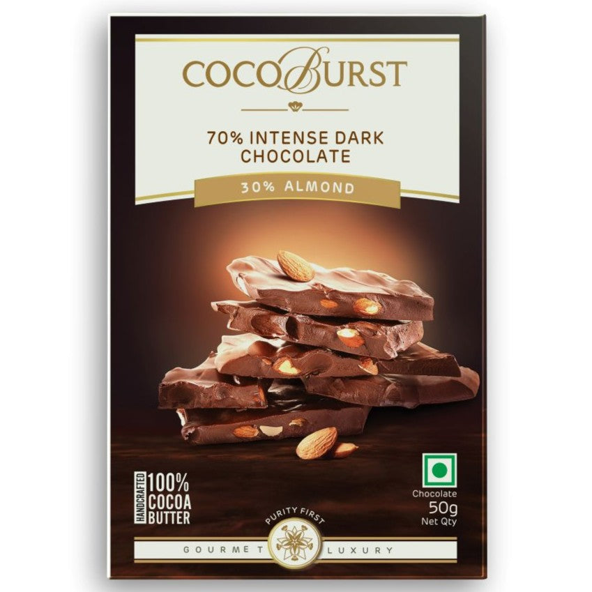 70% Intense Dark Chocolate 30% Roasted Almonds - 50g/100g/200g