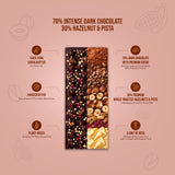 70% Intense Dark Chocolate || 30% Hazelnut & Pista
