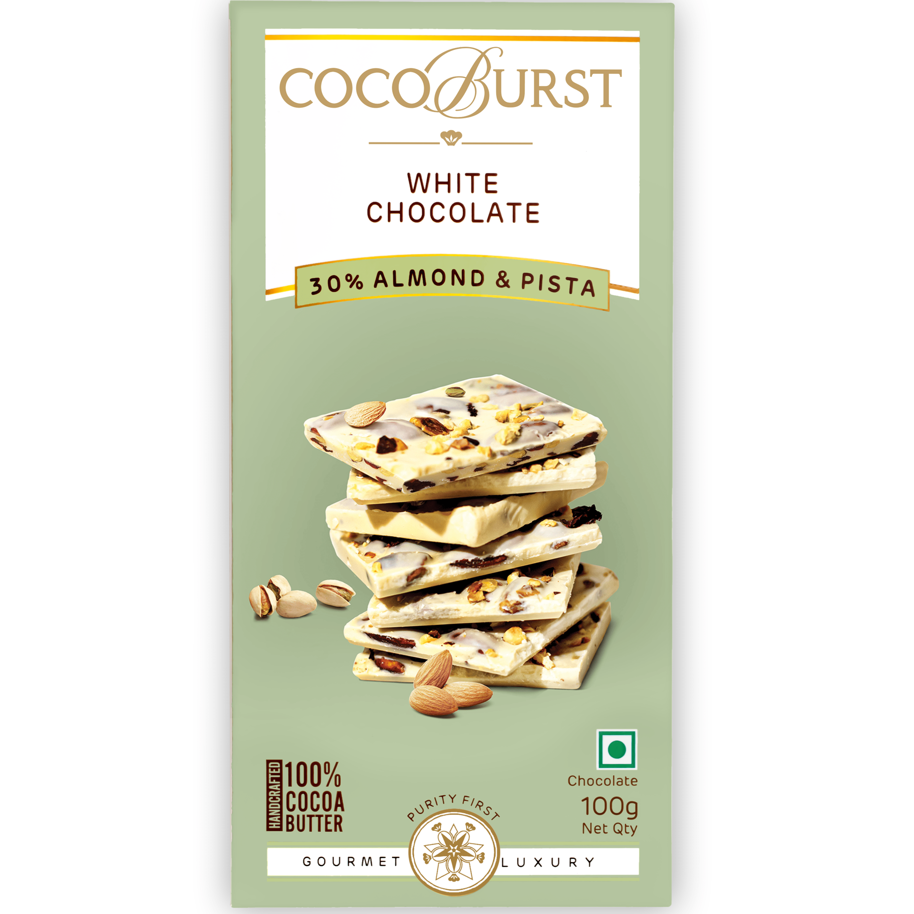 White Chocolate 30% Almond & Pista - 50g/100g/200g