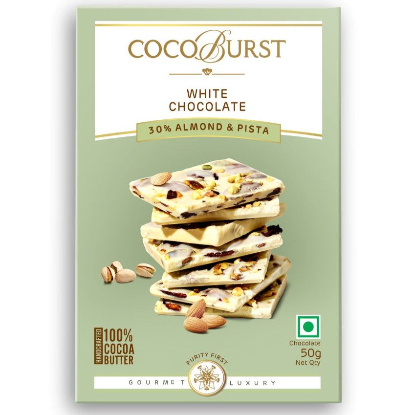 White Chocolate 30% Almond & Pista - 50g/100g/200g