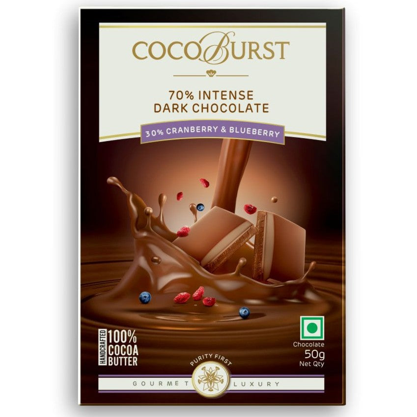 70% Intense Dark Chocolate 30% Cranberry & Blueberry -50g/100g/200g